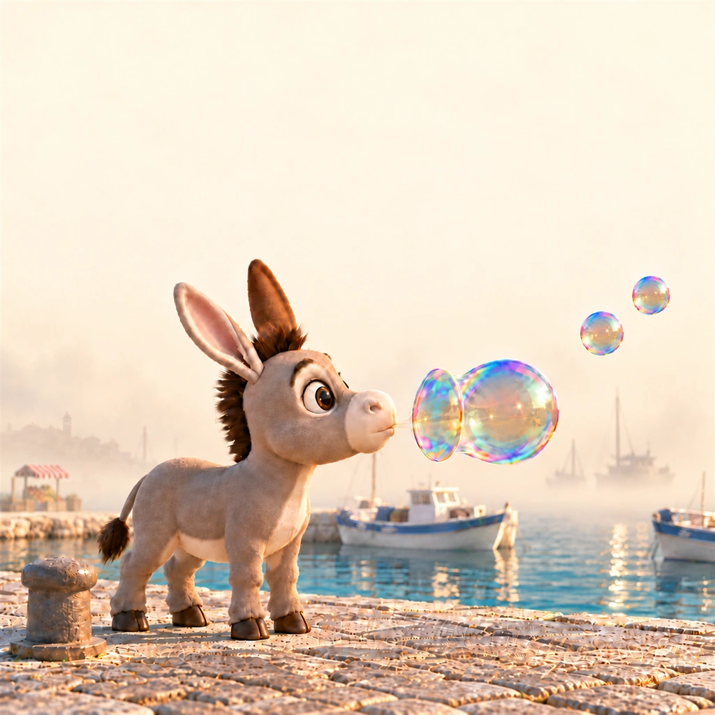 Dob, a small grey donkey, blows soap bubbles on a sunlit harbour quay with fishing boats behind him.