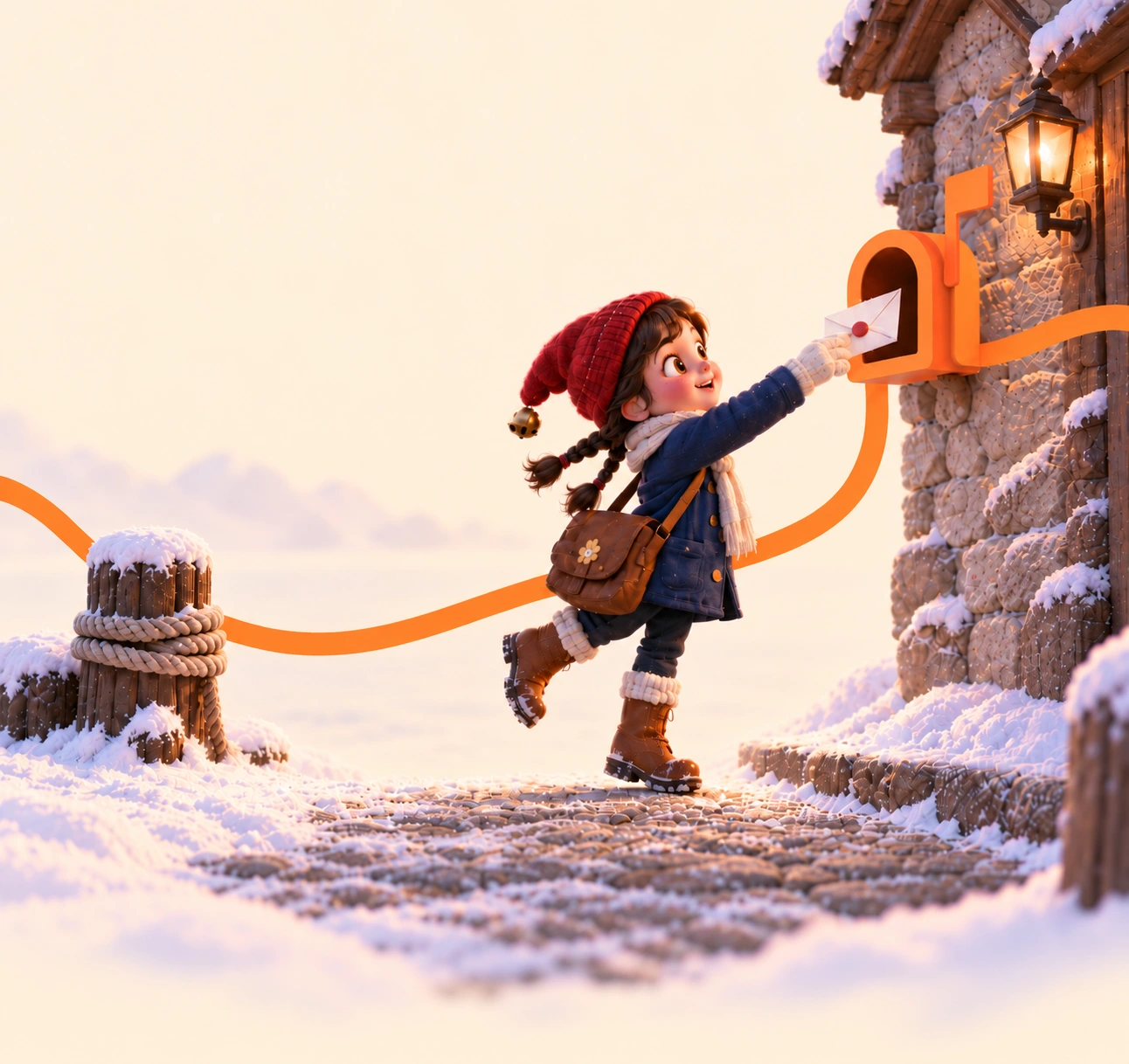 Tove, in a red bell hat and navy coat, reaches up to post a letter in an orange mailbox outside a snowy, lamplit house.
